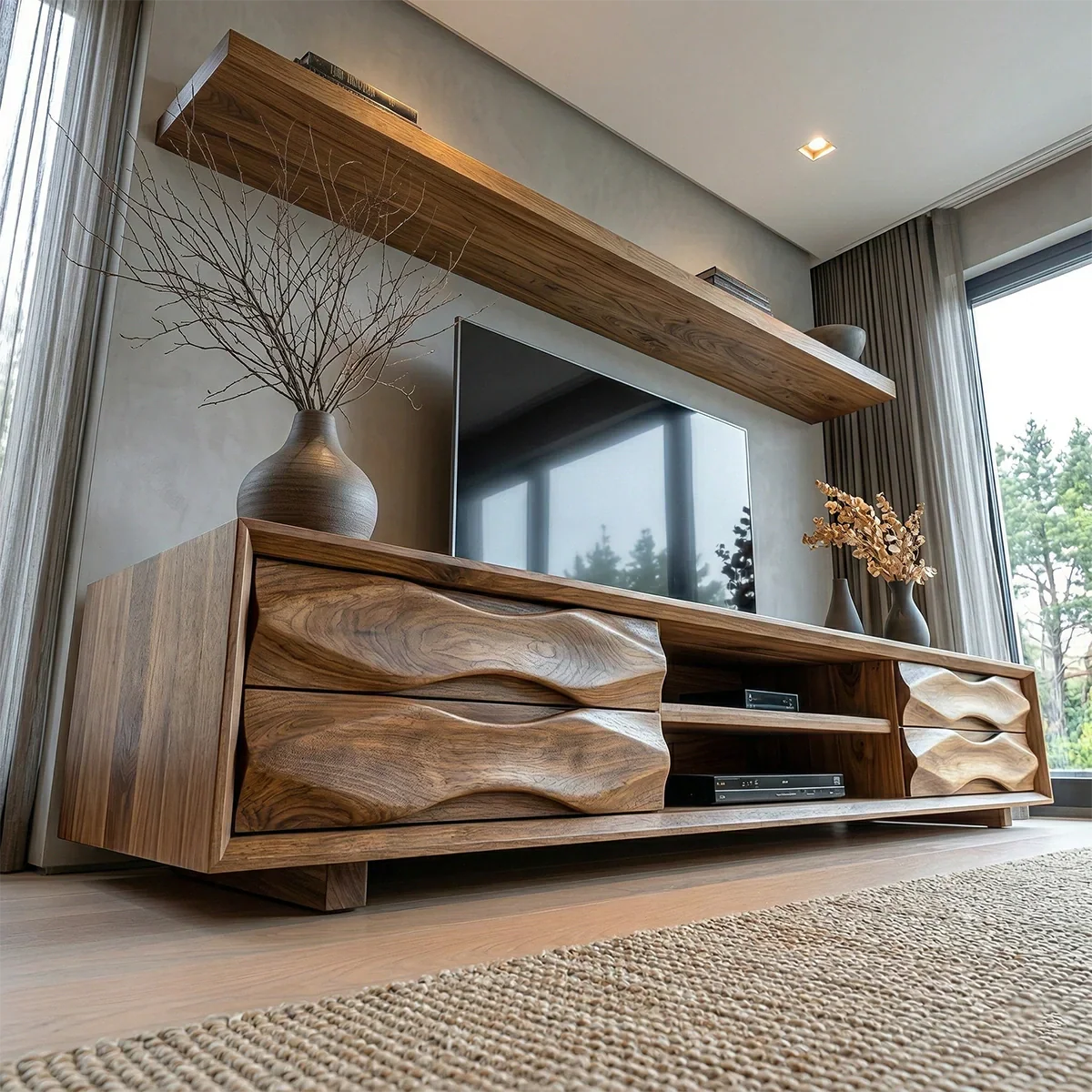 Handcrafted Solid Wood TV Stand with Sculpted Wave Drawers and Center Media Storage - Elitegemse