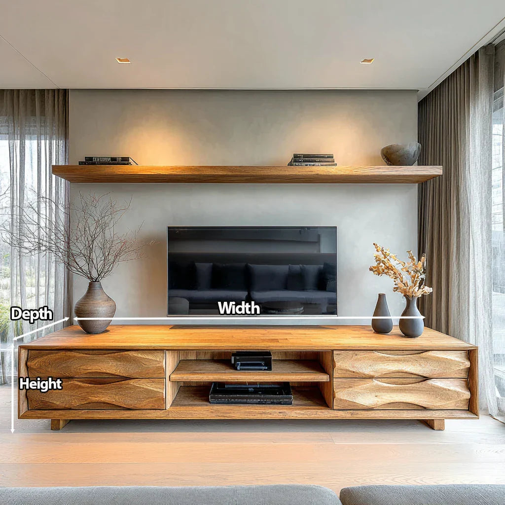 Handcrafted Solid Wood TV Stand with Sculpted Wave Drawers and Center Media Storage - Elitegemse