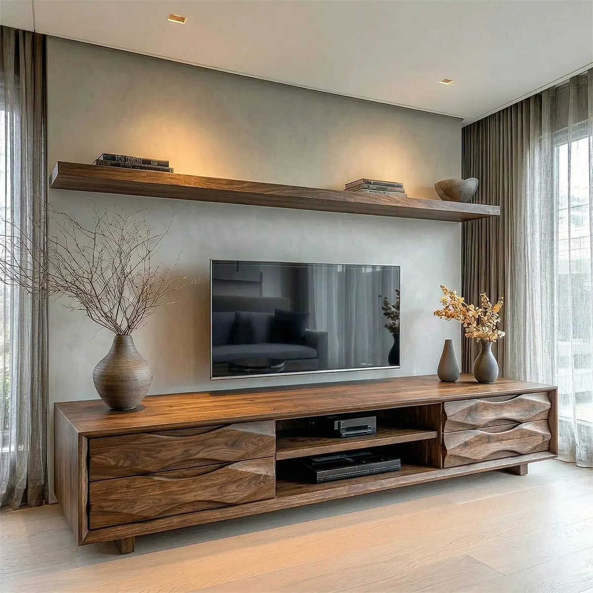 Handcrafted Solid Wood TV Stand with Sculpted Wave Drawers and Center Media Storage - Elitegemse