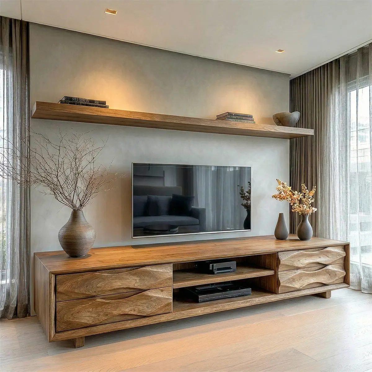 Handcrafted Solid Wood TV Stand with Sculpted Wave Drawers and Center Media Storage - Elitegemse