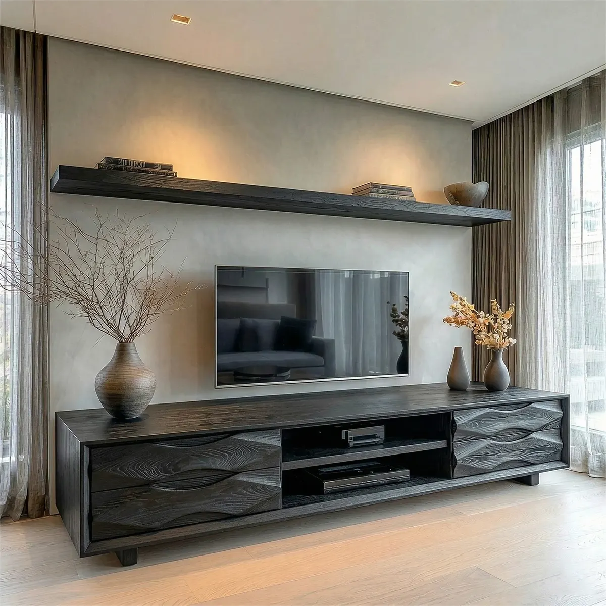 Handcrafted Solid Wood TV Stand with Sculpted Wave Drawers and Center Media Storage - Elitegemse