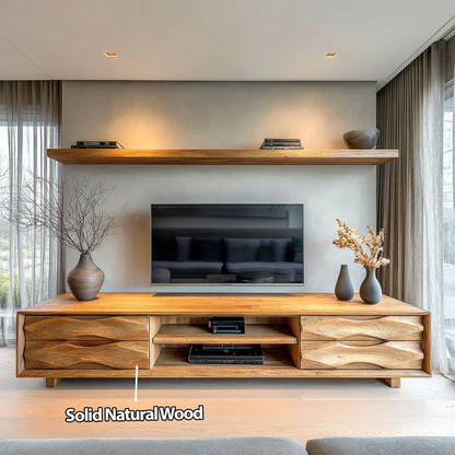 Handcrafted Solid Wood TV Stand with Sculpted Wave Drawers and Center Media Storage - Woodenecho