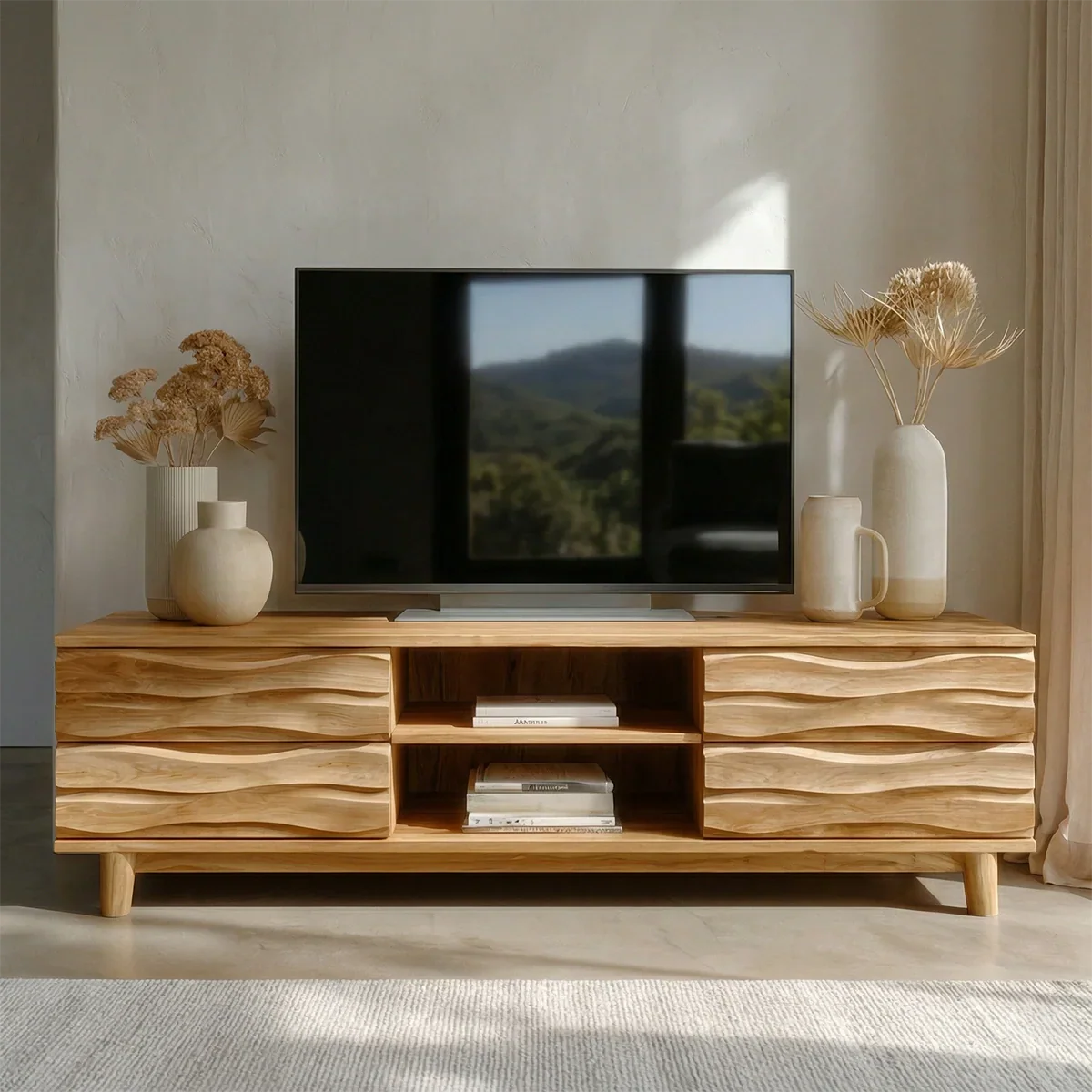 Handcrafted Solid Wood TV Stand with Sculpted Wave Drawers and Center Open Shelving - Elitegemse