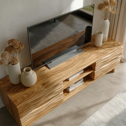 Handcrafted Solid Wood TV Stand with Sculpted Wave Drawers and Center Open Shelving - Elitegemse