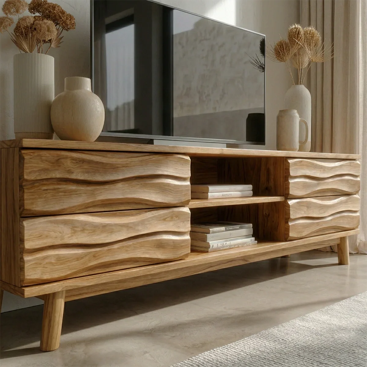 Handcrafted Solid Wood TV Stand with Sculpted Wave Drawers and Center Open Shelving - Elitegemse