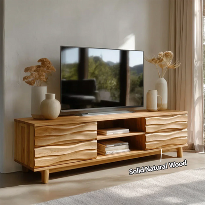 Handcrafted Solid Wood TV Stand with Sculpted Wave Drawers and Center Open Shelving - Elitegemse