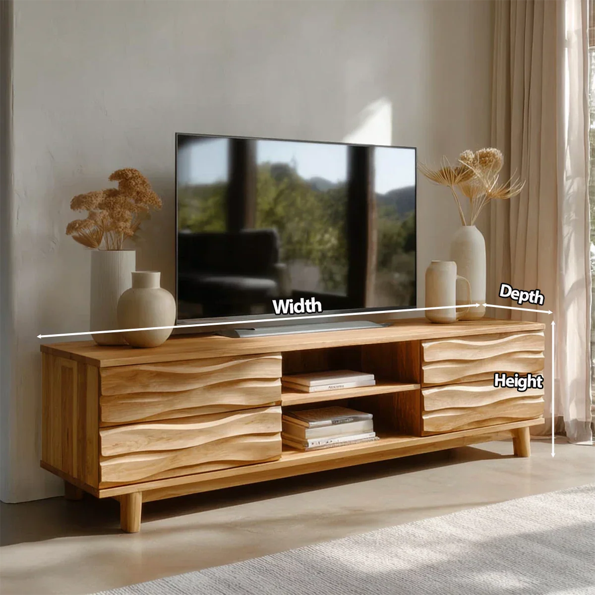 Handcrafted Solid Wood TV Stand with Sculpted Wave Drawers and Center Open Shelving - Elitegemse