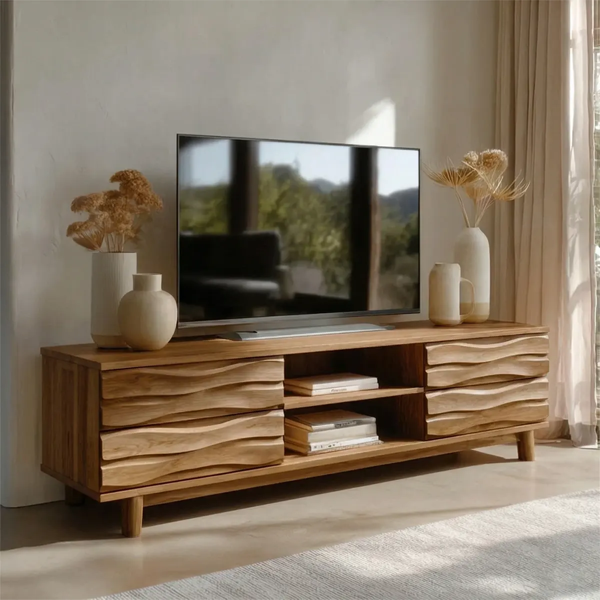 Handcrafted Solid Wood TV Stand with Sculpted Wave Drawers and Center Open Shelving - Elitegemse