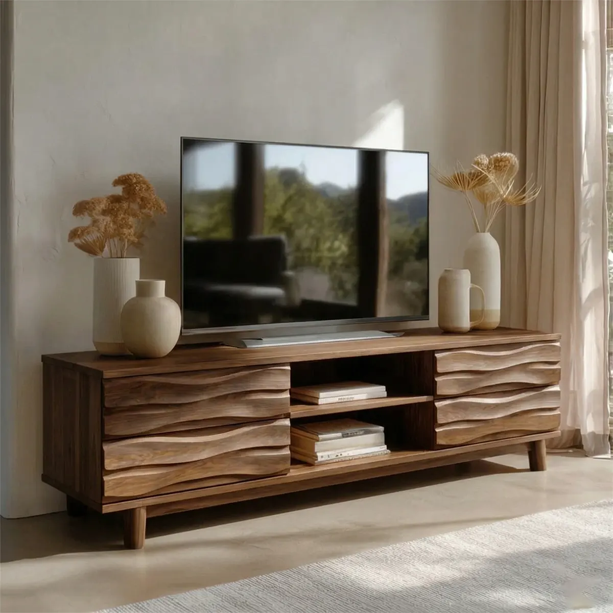 Handcrafted Solid Wood TV Stand with Sculpted Wave Drawers and Center Open Shelving - Elitegemse