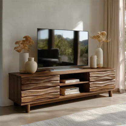 Handcrafted Solid Wood TV Stand with Sculpted Wave Drawers and Center Open Shelving - Elitegemse