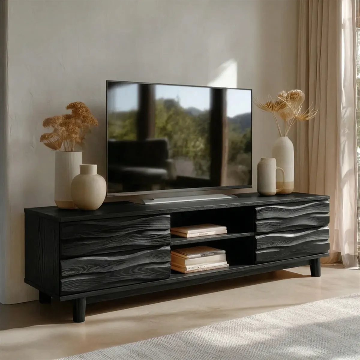 Handcrafted Solid Wood TV Stand with Sculpted Wave Drawers and Center Open Shelving - Elitegemse