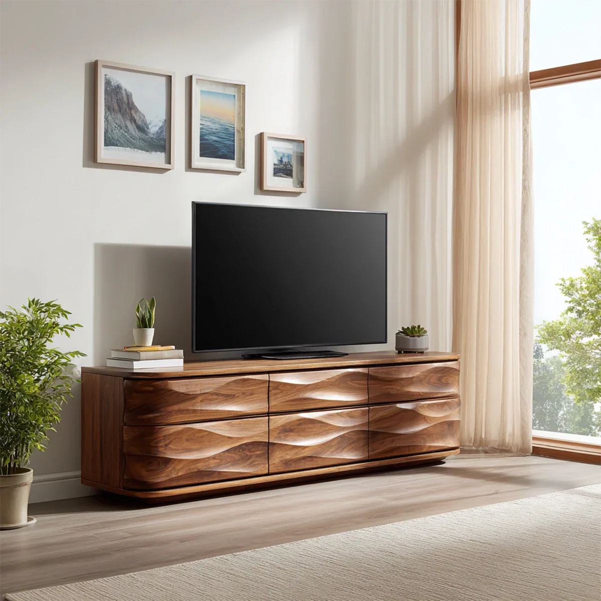 Handcrafted Solid Wood TV Stand with Sculpted Wave Drawers and Full Storage Cabinet - Elitegemse