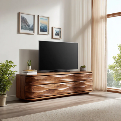 Handcrafted Solid Wood TV Stand with Sculpted Wave Drawers and Full Storage Cabinet - Elitegemse