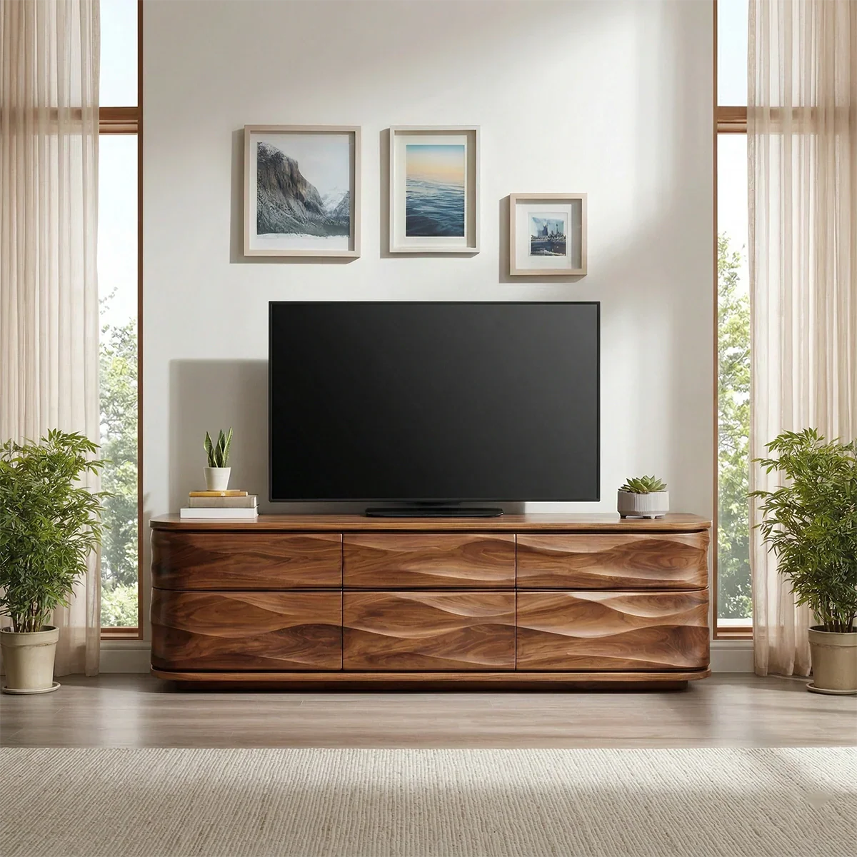 Handcrafted Solid Wood TV Stand with Sculpted Wave Drawers and Full Storage Cabinet - Elitegemse