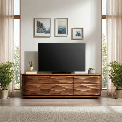 Handcrafted Solid Wood TV Stand with Sculpted Wave Drawers and Full Storage Cabinet - Elitegemse