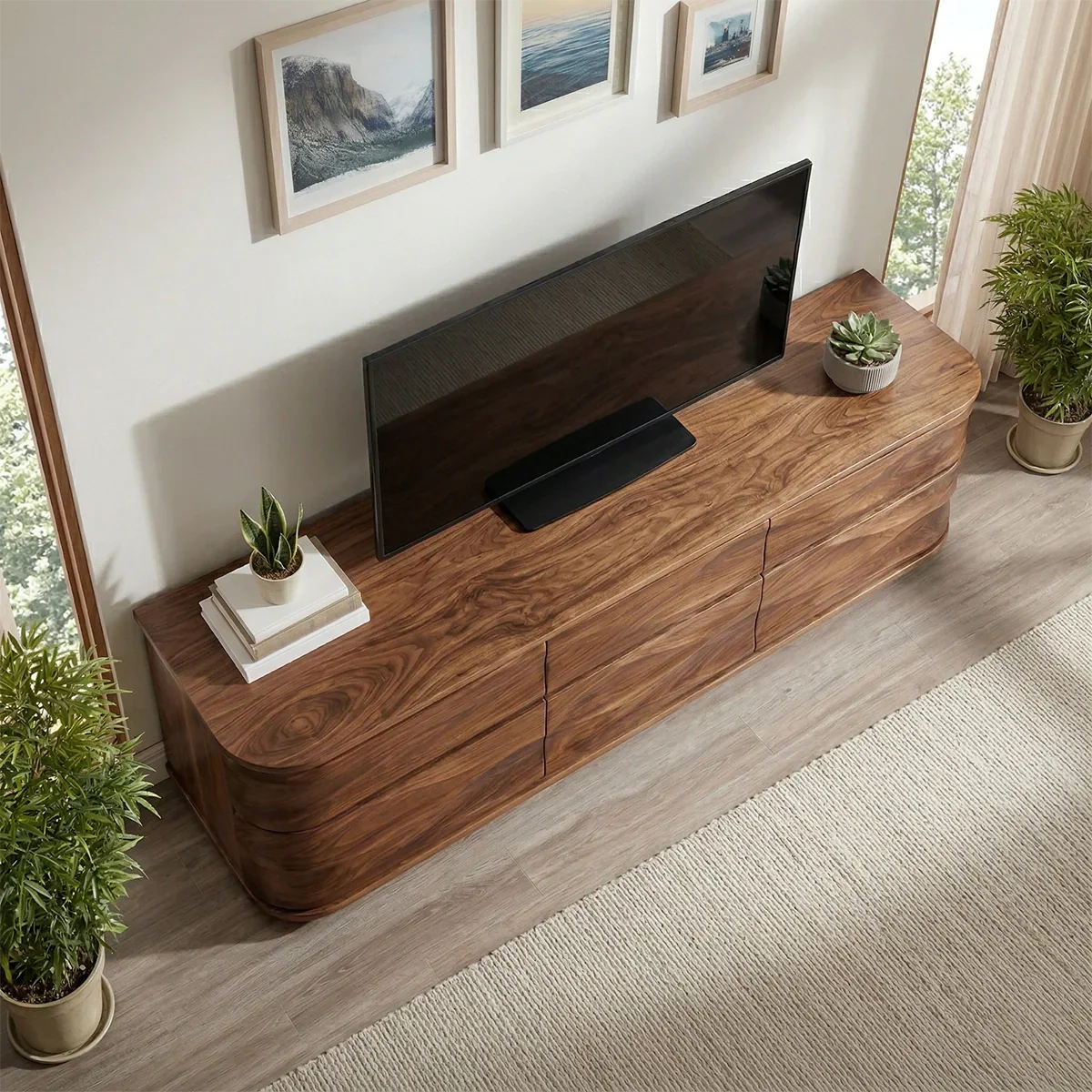 Handcrafted Solid Wood TV Stand with Sculpted Wave Drawers and Full Storage Cabinet - Elitegemse