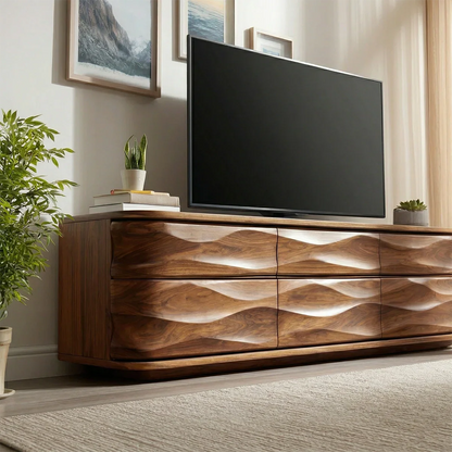 Handcrafted Solid Wood TV Stand with Sculpted Wave Drawers and Full Storage Cabinet - Elitegemse
