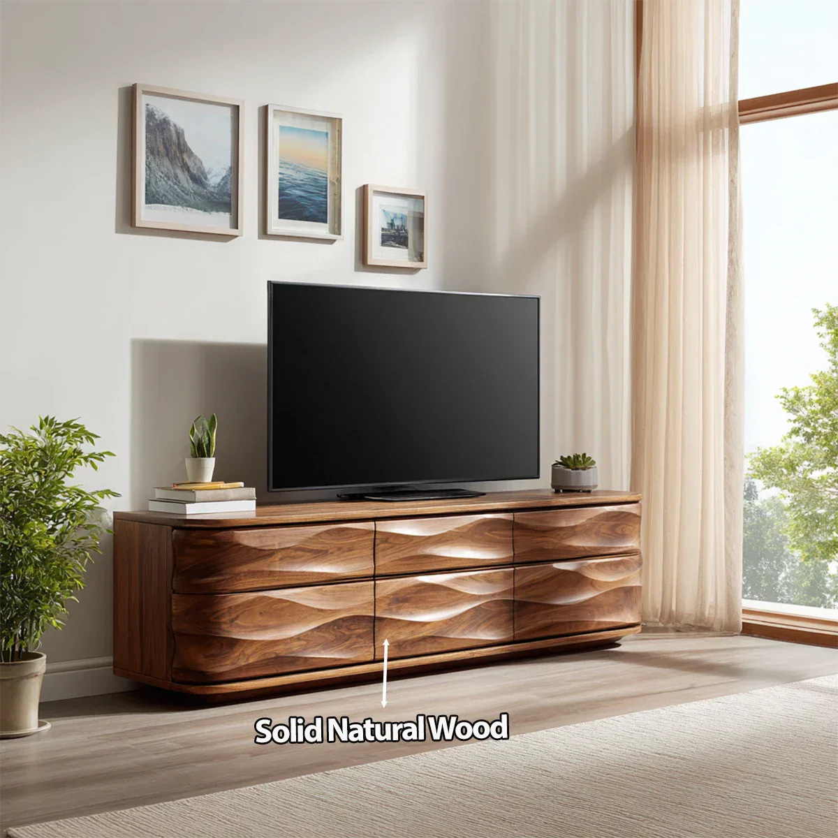Handcrafted Solid Wood TV Stand with Sculpted Wave Drawers and Full Storage Cabinet - Elitegemse