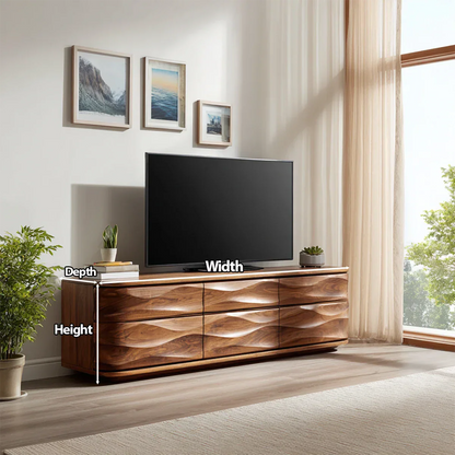 Handcrafted Solid Wood TV Stand with Sculpted Wave Drawers and Full Storage Cabinet - Elitegemse