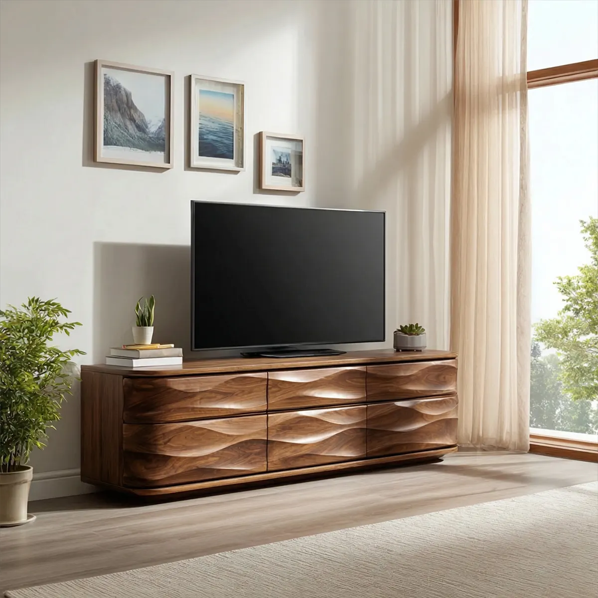 Handcrafted Solid Wood TV Stand with Sculpted Wave Drawers and Full Storage Cabinet - Elitegemse