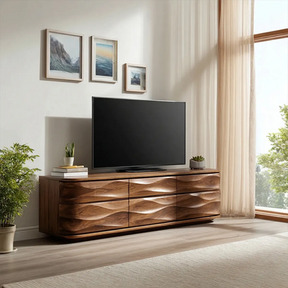 Handcrafted Solid Wood TV Stand with Sculpted Wave Drawers and Full Storage Cabinet - Elitegemse