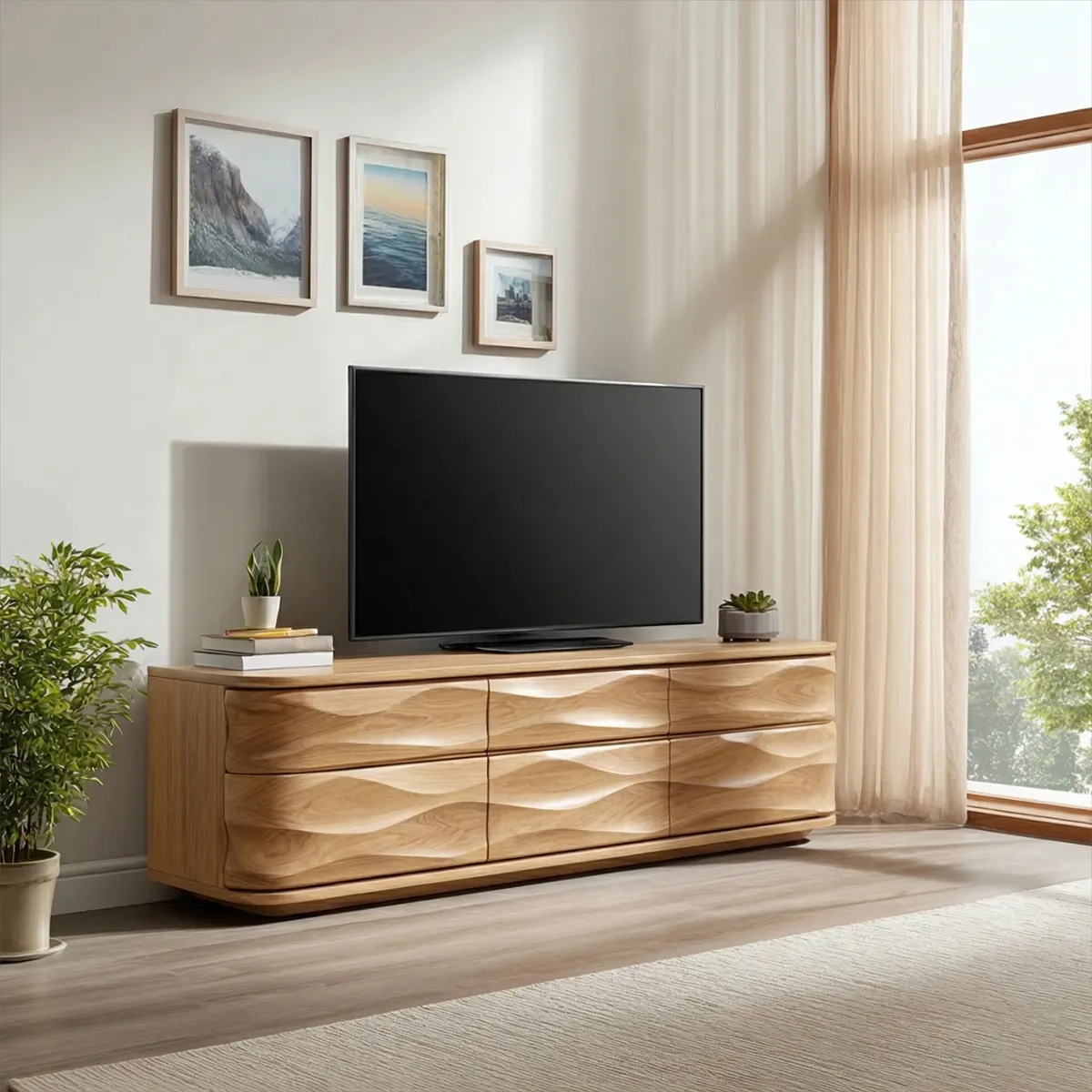Handcrafted Solid Wood TV Stand with Sculpted Wave Drawers and Full Storage Cabinet - Elitegemse