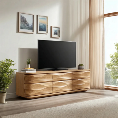 Handcrafted Solid Wood TV Stand with Sculpted Wave Drawers and Full Storage Cabinet - Elitegemse