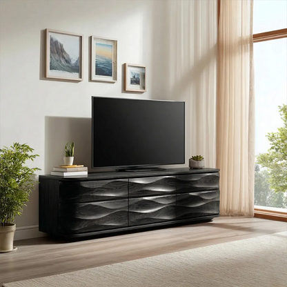 Handcrafted Solid Wood TV Stand with Sculpted Wave Drawers and Full Storage Cabinet - Elitegemse