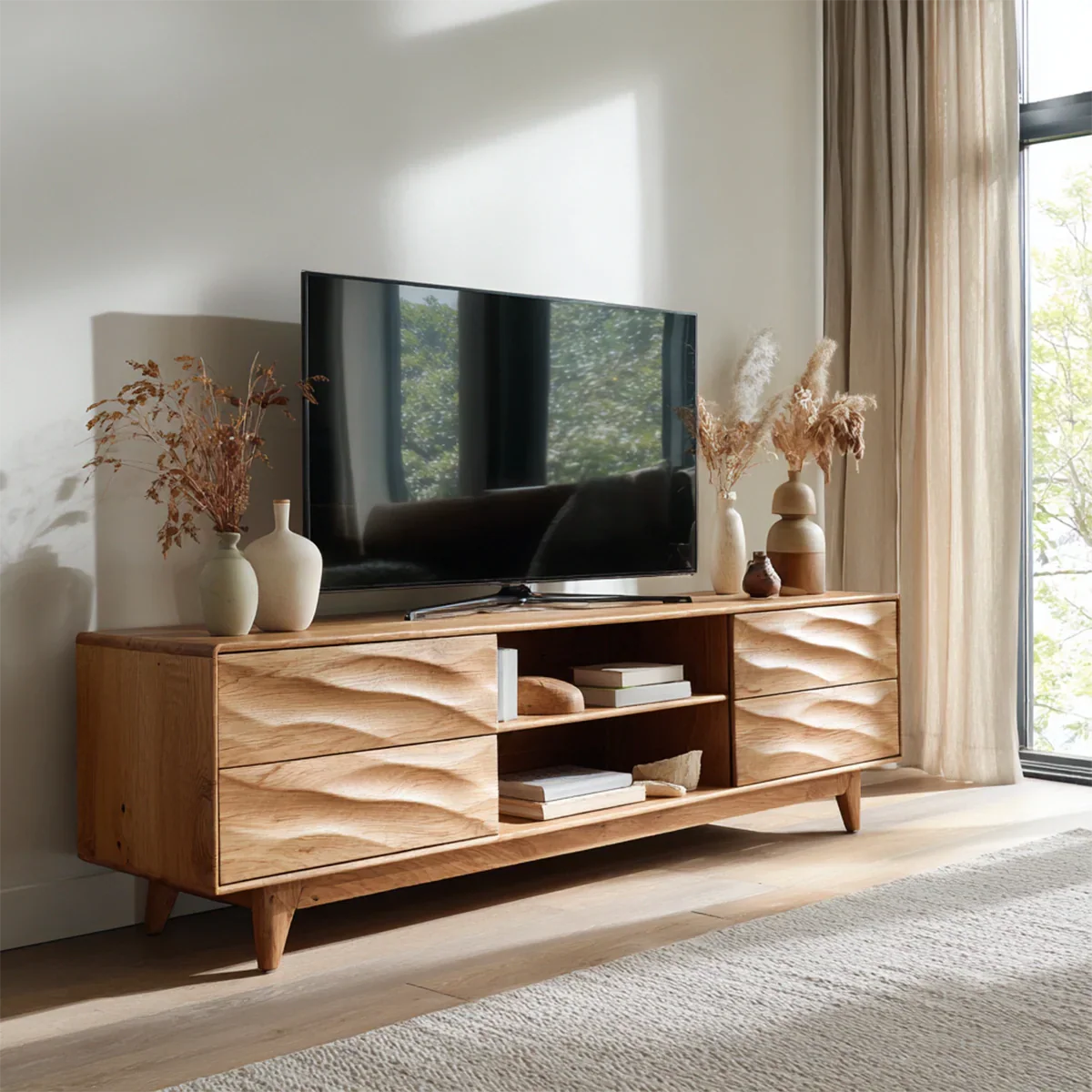 Handcrafted Solid Wood TV Stand with Sculpted Wave Drawers and Mid Century Frame - Elitegemse