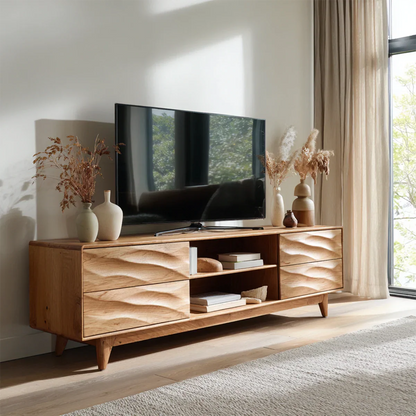 Handcrafted Solid Wood TV Stand with Sculpted Wave Drawers and Mid Century Frame - Elitegemse