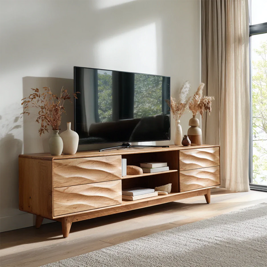Handcrafted Solid Wood TV Stand with Sculpted Wave Drawers and Mid Century Frame - Elitegemse