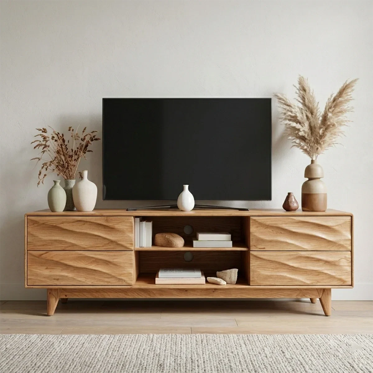 Handcrafted Solid Wood TV Stand with Sculpted Wave Drawers and Mid Century Frame - Elitegemse
