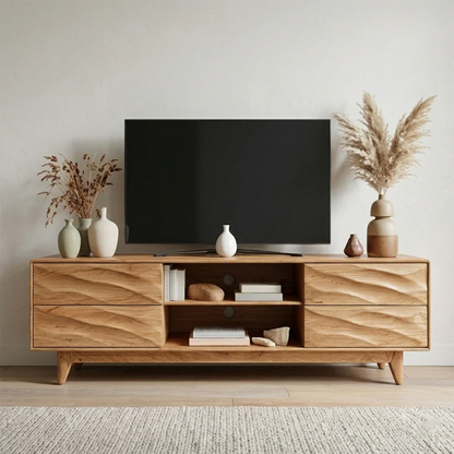 Handcrafted Solid Wood TV Stand with Sculpted Wave Drawers and Mid Century Frame - Elitegemse