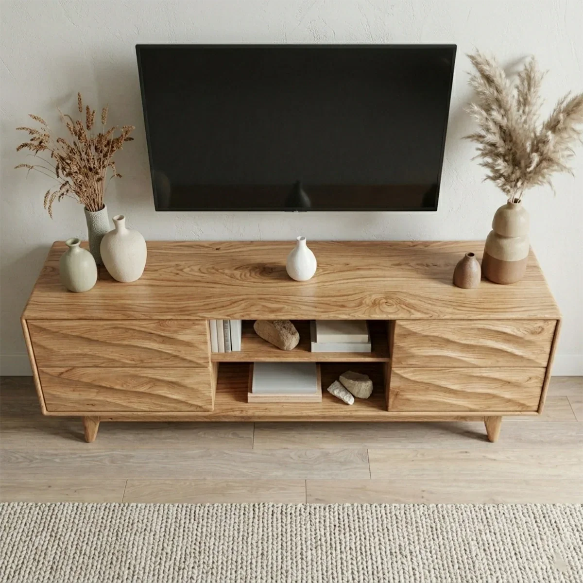 Handcrafted Solid Wood TV Stand with Sculpted Wave Drawers and Mid Century Frame - Elitegemse