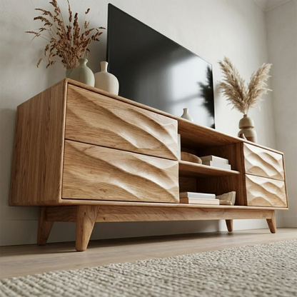 Handcrafted Solid Wood TV Stand with Sculpted Wave Drawers and Mid Century Frame - Elitegemse