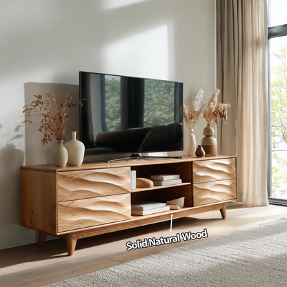 Handcrafted Solid Wood TV Stand with Sculpted Wave Drawers and Mid Century Frame - Elitegemse