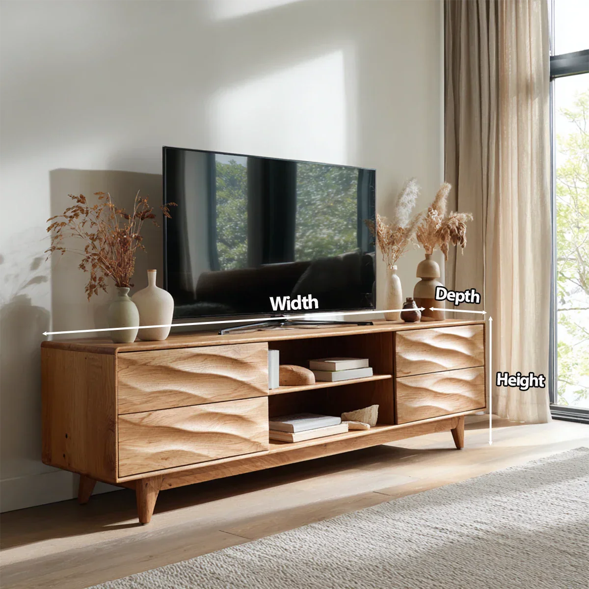 Handcrafted Solid Wood TV Stand with Sculpted Wave Drawers and Mid Century Frame - Elitegemse