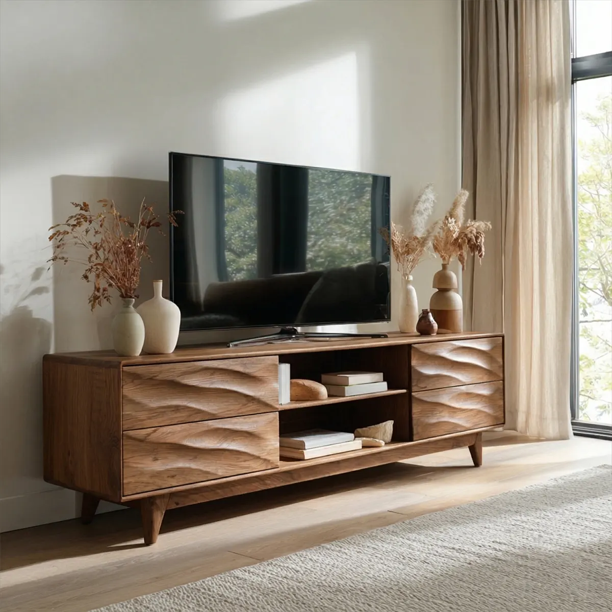 Handcrafted Solid Wood TV Stand with Sculpted Wave Drawers and Mid Century Frame - Elitegemse
