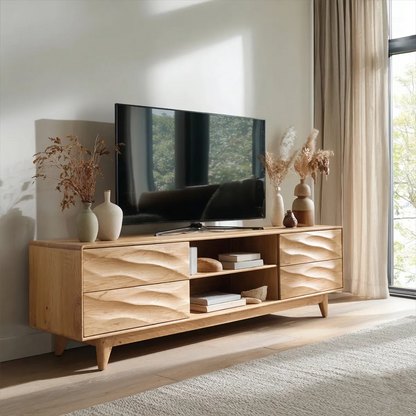 Handcrafted Solid Wood TV Stand with Sculpted Wave Drawers and Mid Century Frame - Elitegemse
