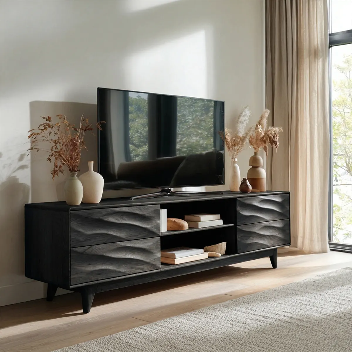 Handcrafted Solid Wood TV Stand with Sculpted Wave Drawers and Mid Century Frame - Elitegemse