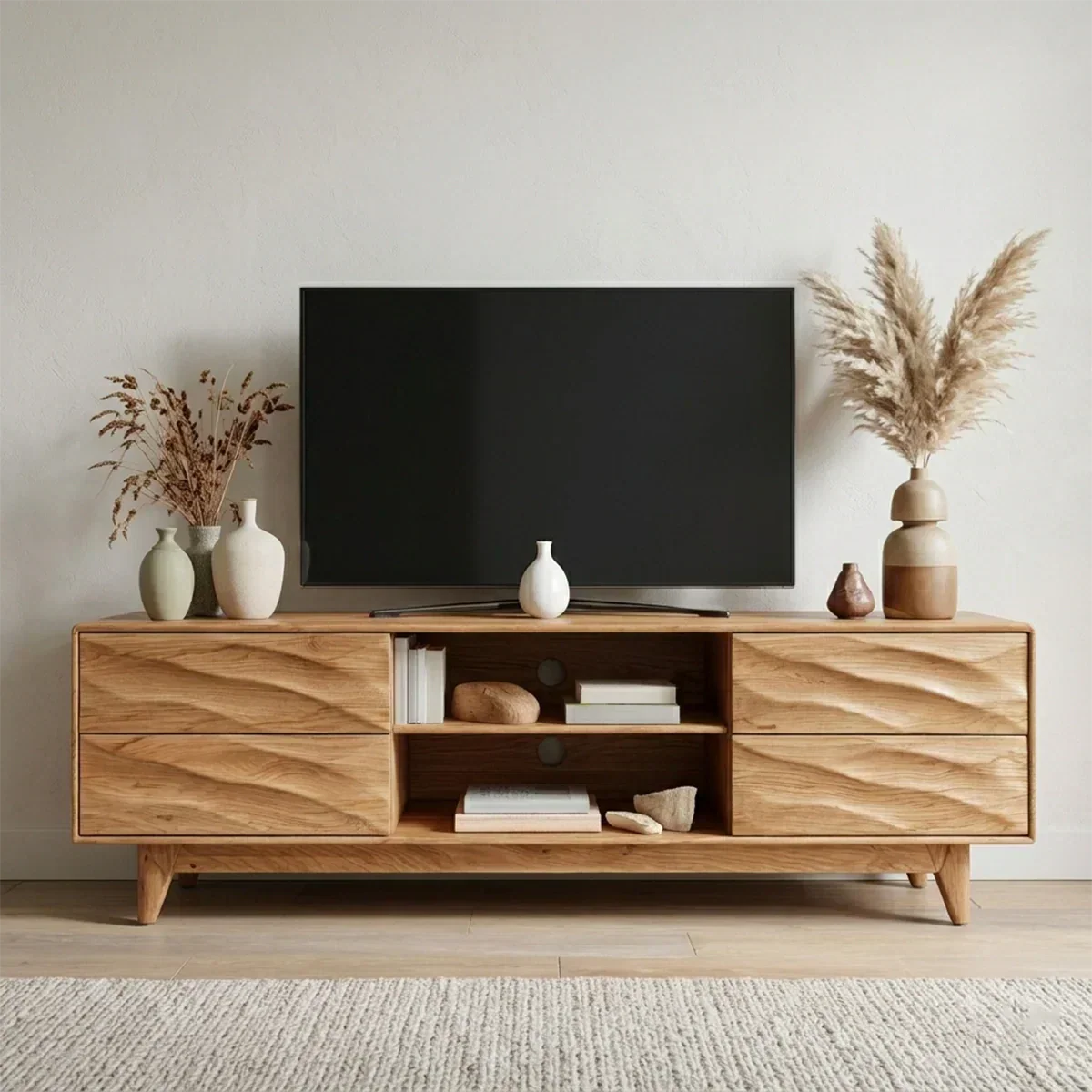 Handcrafted Solid Wood TV Stand with Sculpted Wave Drawers and Mid Century Frame - Woodenecho