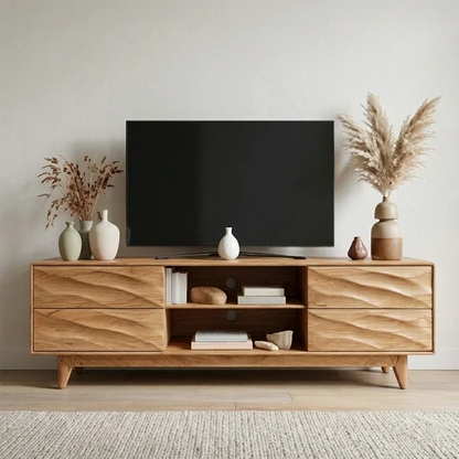 Handcrafted Solid Wood TV Stand with Sculpted Wave Drawers and Mid Century Frame - Woodenecho