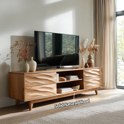 Handcrafted Solid Wood TV Stand with Sculpted Wave Drawers and Mid Century Frame - Woodenecho