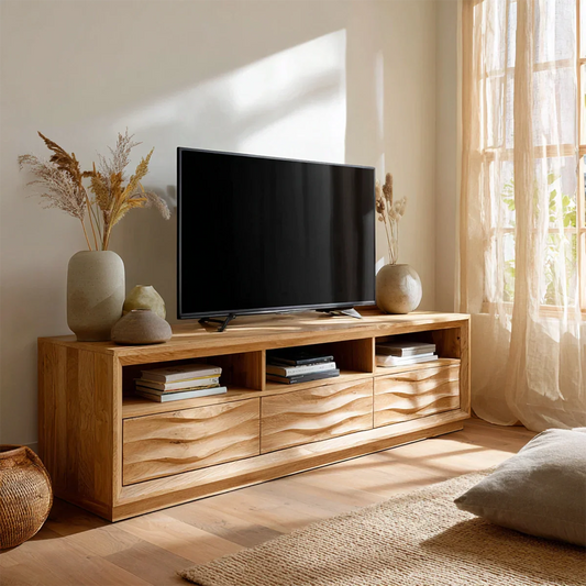 Handcrafted Solid Wood TV Stand with Sculpted Wave Drawers and Multi Open Media Compartments - Elitegemse