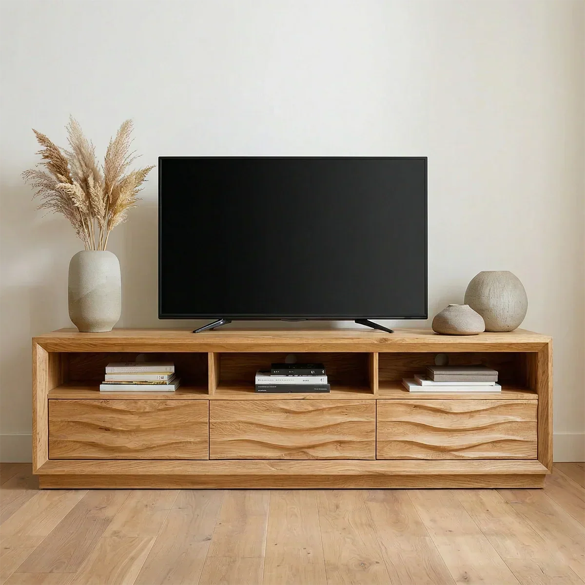 Handcrafted Solid Wood TV Stand with Sculpted Wave Drawers and Multi Open Media Compartments - Woodenecho