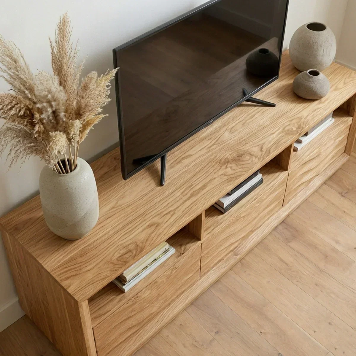 Handcrafted Solid Wood TV Stand with Sculpted Wave Drawers and Multi Open Media Compartments - Woodenecho