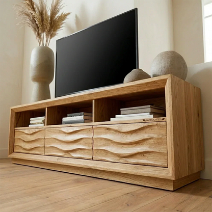 Handcrafted Solid Wood TV Stand with Sculpted Wave Drawers and Multi Open Media Compartments - Woodenecho