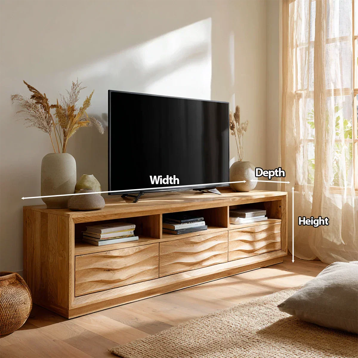 Handcrafted Solid Wood TV Stand with Sculpted Wave Drawers and Multi Open Media Compartments - Woodenecho
