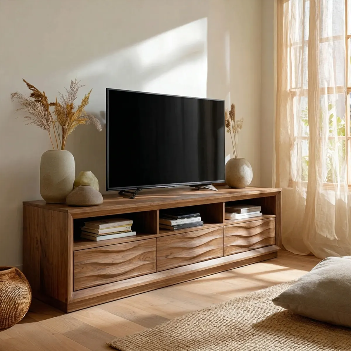 Handcrafted Solid Wood TV Stand with Sculpted Wave Drawers and Multi Open Media Compartments - Woodenecho