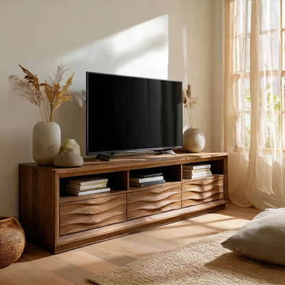 Handcrafted Solid Wood TV Stand with Sculpted Wave Drawers and Multi Open Media Compartments - Woodenecho